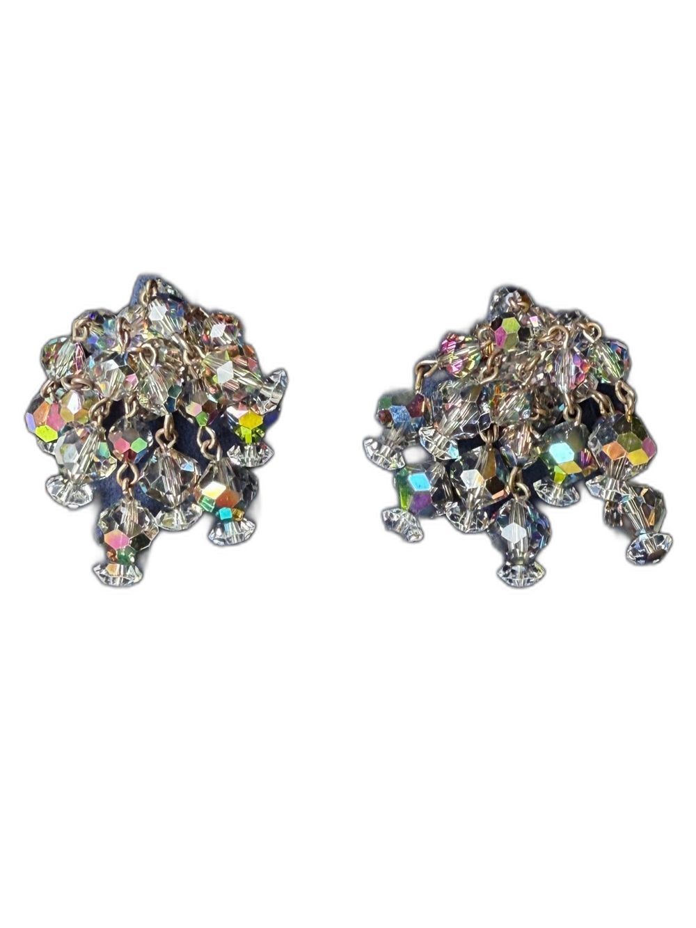 Vintage Cascading Aurora Borealis Waterfall Glass Beaded Earrings Clip-on Silver